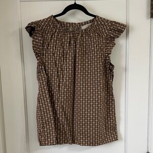 LOFT Brown Geometric Flutter Sleeve Blouse